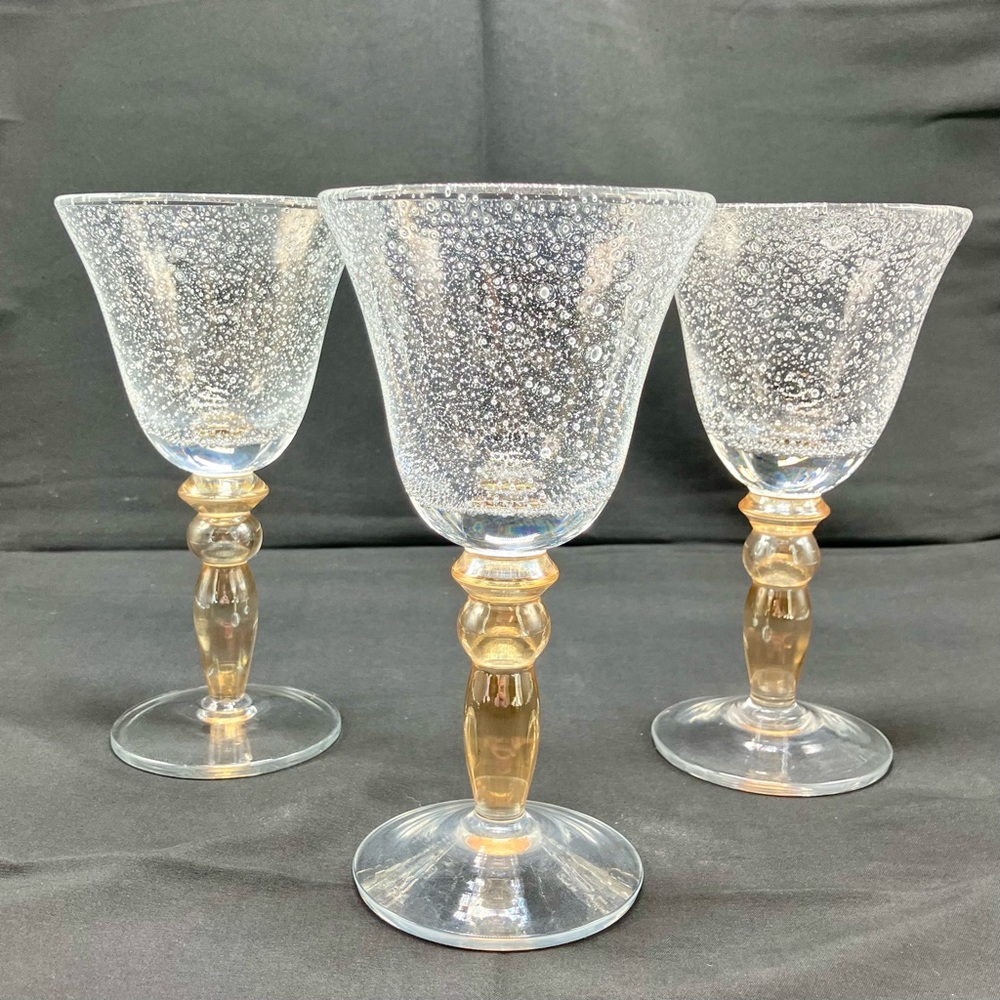 3 Pottery Barn Hand Blown Art Glasses, Clear Bubbles, Amber Legs, 7 1/4"